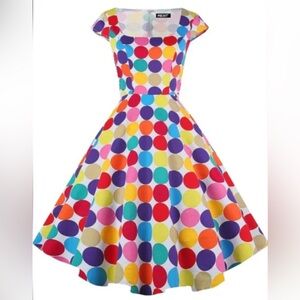 PUKAVT Polka-dot Cocktail Dress Cap Sleeve 1950 Retro Swing Dress.  Size M. NWOT